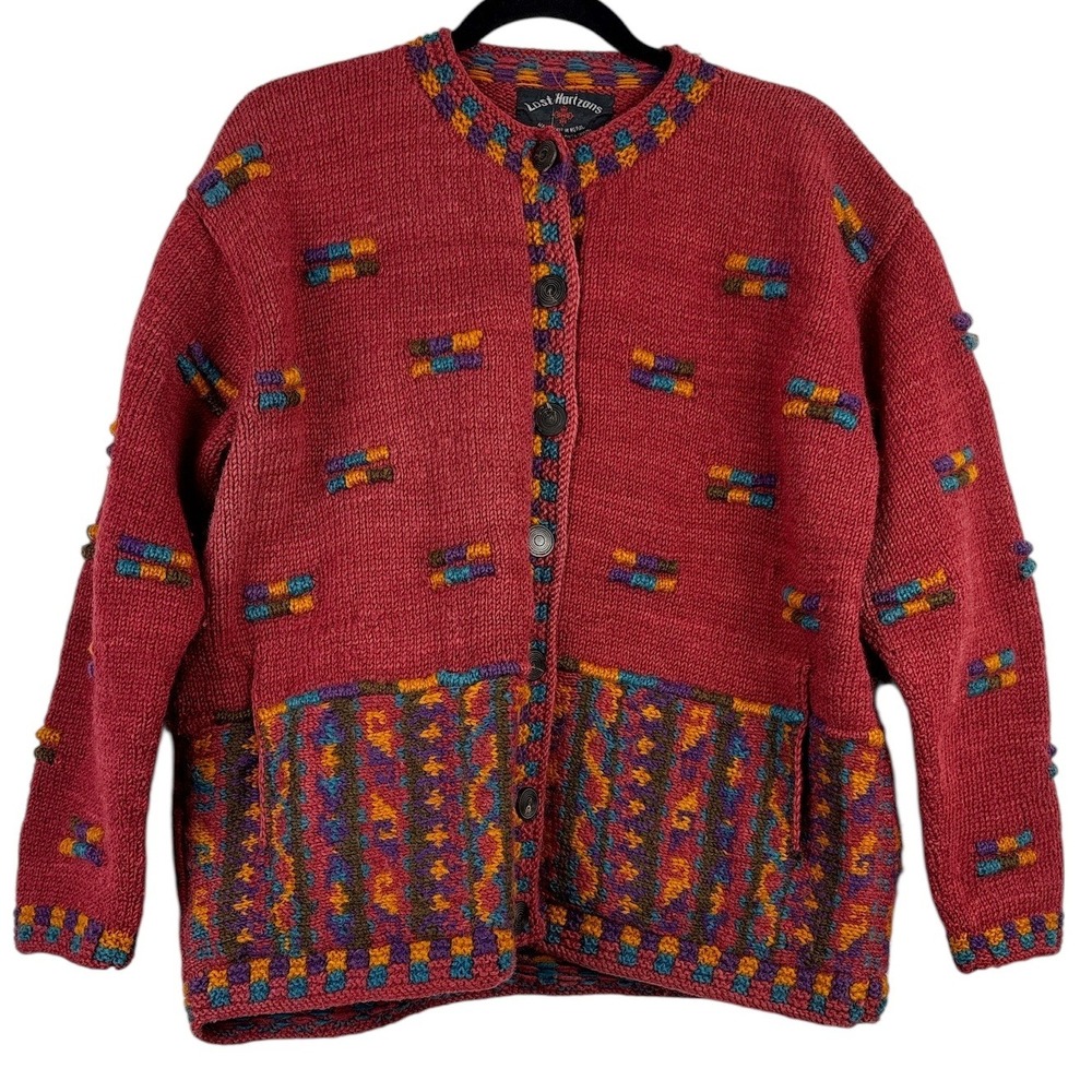 Lost Horizons Hand Knit Wool Cardigan Sweater Pattern Red Boho Folk Art (L/XL)